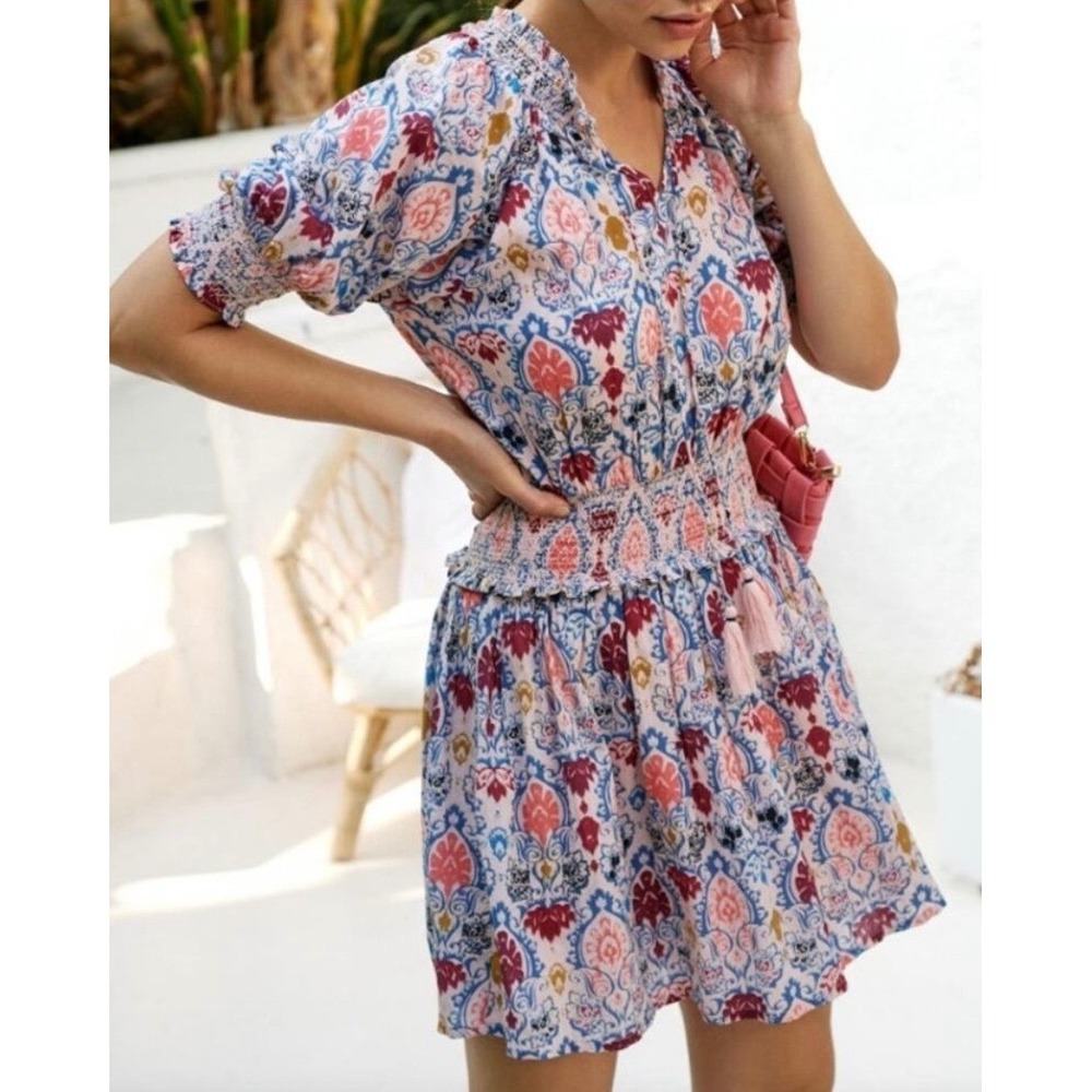 Roller Rabbit Pink Blue Damask Block Print Smocked Mini Dress NWT‎ Size S